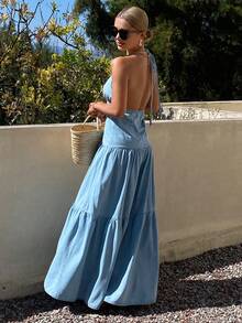 DAZY Vestido largo de mezclilla con cuello en V, sin mangas y con lazo, estilo de vacaciones para mujeres - Lavado ligero - Ver 4