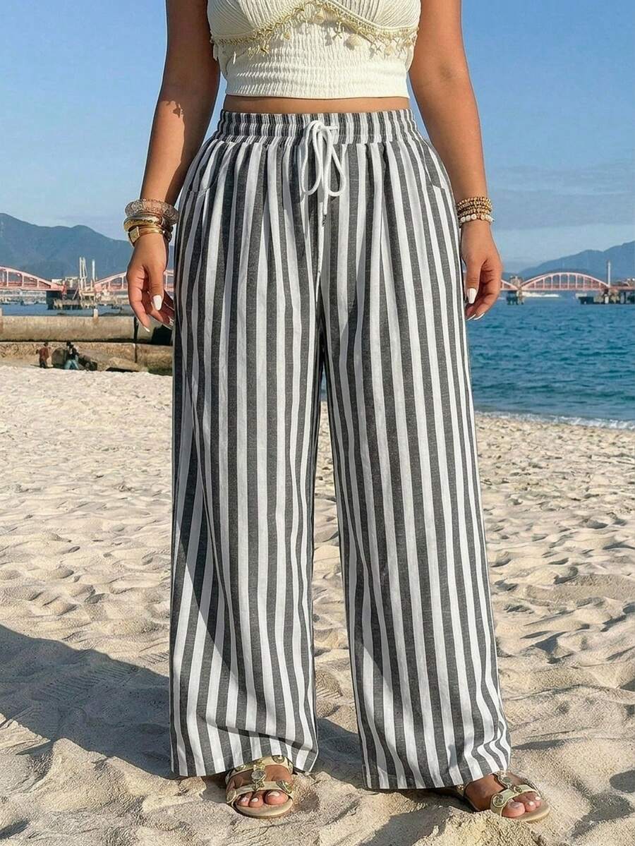 SHEIN EZwear 大码女式春夏条纹系带阔腿裤 - 黑與白 - 查看 1