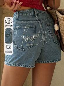 DAZY Quần short denim nữ mùa hè, họa tiết chữ đính đá, có túi. - Rửa trung bình - Xem 1