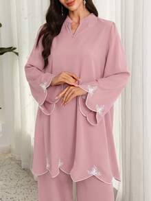 Lacomfia Women's V-Neck Embroidered Loose 2 Pieces Set, Autumn Tea Party Dusty Pink Modest - Dusty Pink - View 5