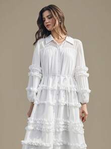Ontre Women's Elegant Romantic White Long Sleeve Chiffon Maxi Dress,Autumn Tea Party Vacation Ruffle Hem A-Line Dress,Semi-Sheer Button Front Date Gown - White - View 4