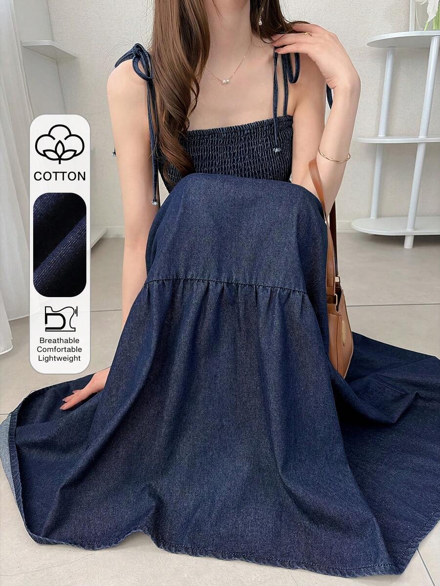 FRIFUL Đầm maxi denim nữ kiểu dáng xòe, dây buộc vai sau, thắt nơ, thích hợp cho mùa hè. - Màu xanh lam - Xem 1