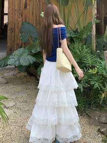 DAZY Falda acampanada con cintura elástica y encaje de contraste, con volantes en el bajo. Falda casual de verano para mujer - Blanco - Ver 2