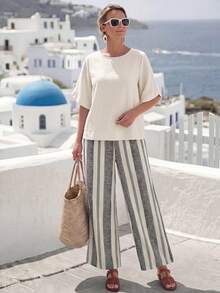 SHEIN LUNE Women's Holiday Casual Solid Color Top And Stripes Pants 2 Pieces Set Vacation Summer Two Piece For Women Co-Ord Matching Sets Outfit - Multicolor - View 5