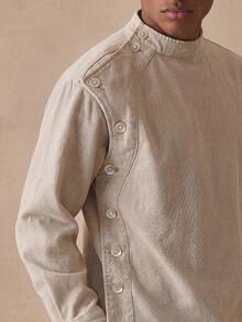Musero Long Sleeve Stand Collar Oversized Button Shoulder Detailing Washed Denim Top Co Ord Shirt Only Spring Summer Essentials - Khaki - View 3