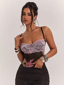 SHEIN BAE Elegantes Damen-Sommer-Camisole mit großem Blumenmuster, Tanktop, Party/Date Urlaub Strand Muster schwarze Blumen Vintage Y2K - Schwarz - Übersicht 4