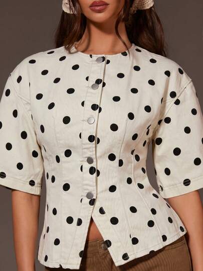 Athîral Denim Blusa de mezclilla con botones y estampado de lunares para mujer