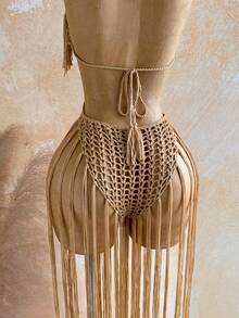 Soleia Mono de mujer con diseño calado, cuello halter y flecos para vacaciones - Caqui - Ver 6