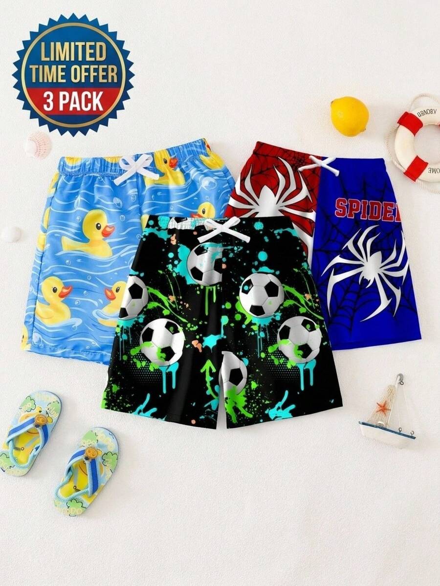 SHEIN Pantalones cortos de playa sueltos con forro para niños/preadolescentes, estampado de árbol de coco, a rayas, versátil y cómodo - Negro - Ver 1