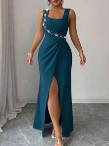 Elenzga Vestido Sereia Plus Size Sem Mangas com Decote Quadrado, Decoração de Pérolas, Ajustado com Fenda na Bainha, Azul-Turquesa Claro, Inverno, Elegante, Vestido de Festa e Coquetel para Convidadas de Casamento - Azul - Visão 5