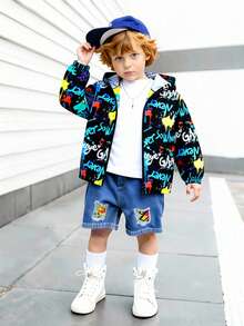 1pc Young Boy Casual Graffiti Print Long Sleeve Jacket, Fashionable Streetwear Design, Suitable For Autumn Wear, Fits 4-7 Years Old Boys, 2026 Spring - Black - View 4