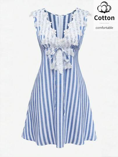 Qadelle Women's V-Neck Lace Trim Waist A-Line Striped Dress, Blue & White, Suitable For Daily, Formal, Elegant Vacation And Commute