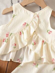 SHEIN 女婴碎花荷叶边圆领上衣和松紧腰裤休闲日常装 - 白色 - 查看 5