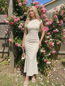 SHEIN MOD Asymmetric One-Shoulder Mid-Length Dress – Elegant Single Shoulder Design - Apricot - View 3