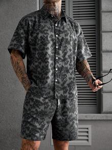 SLATEMANN 男士印花短袖单排扣衬衫和短裤套装 - 深灰色 - 查看 5