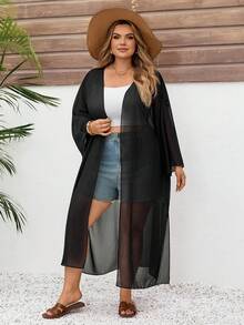 SHEIN CURVE+ Plus Size Women's Summer Business Casual Beachwear Vacations Woman Beach Coat For Spring Break Offices Women Concert Cruise Attire Cover Up - Black - View 10