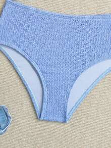 SHEIN Tween Girl Swimwear, Blue Comfortable Knitted Fabric, Swimwear Set, Suitable For Beach, Vacation, Sand, Play, Summer - Blue - View 4