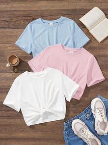 Emery Rose Kids Emery Rose Kids 3件套 少女纯色圆领修身短款扭结针织休闲T恤 - 彩色 - 查看 1