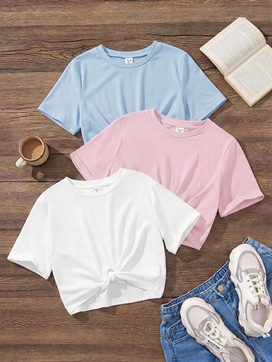 Emery Rose Kids Emery Rose Kids 3件套 少女纯色圆领修身短款扭结针织休闲T恤 - 彩色 - 查看 1