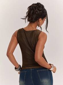 SHEIN BAE Women's Metal Plate Design Crew Neck Fitted Fashion Camisole - Black and Gold - View 2