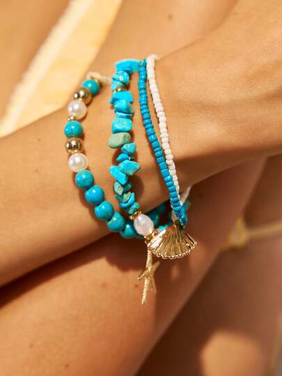Swim Mod 3pcs/Set Islandy Turquoise Natural Seashell Beaded Bracelet With Metal Starfish & Shell Pendant, Suitable For Women Daily Use And Beach Party