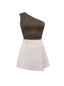 Elenzga Bộ đồ thời trang mùa xuân/hè kiểu Pháp kẻ sọc mới, thiết kế bất đối xứng xếp ly ôm sát không tay kết hợp với quần ống rộng hai lớp màu mơ, bộ trang phục 2 mảnh đa năng dành cho nữ. - Nhiều màu - Xem 4