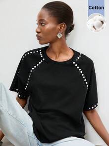 Maija Women's Round Neck Raglan Short Sleeve Casual Versatile T-Shirt - Black - View 4