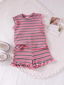 SHEIN Elladie kids 2件套女童条纹提花针织宽松背心短裤套装，适合休闲、度假、运动、夏季穿着 - 粉色 - 查看 7
