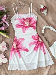 SHEIN Đầm mini dệt kim lưới in họa tiết hoa nhiệt đới dành cho thiếu nữ, thoải mái, thanh lịch, phong cách boho, thích hợp cho kỳ nghỉ, du lịch, phong cách retro, đi biển, du thuyền, tiệc trà chiều, đầm hè thời trang, phong cách boho. - Nhiều màu - Xem 2