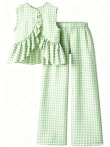 2pcs/Set Teenage Girls' Green And White Striped Sleeveless Ruffle Back & Oxford Waist Pants Summer Matching Family Vacation Outfit,Suitable For Outing - Green - View 3