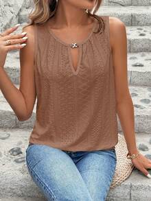 EMERY ROSE Camiseta de mujer con cuello de ojo de cerradura bordado - Marrón - Ver 7