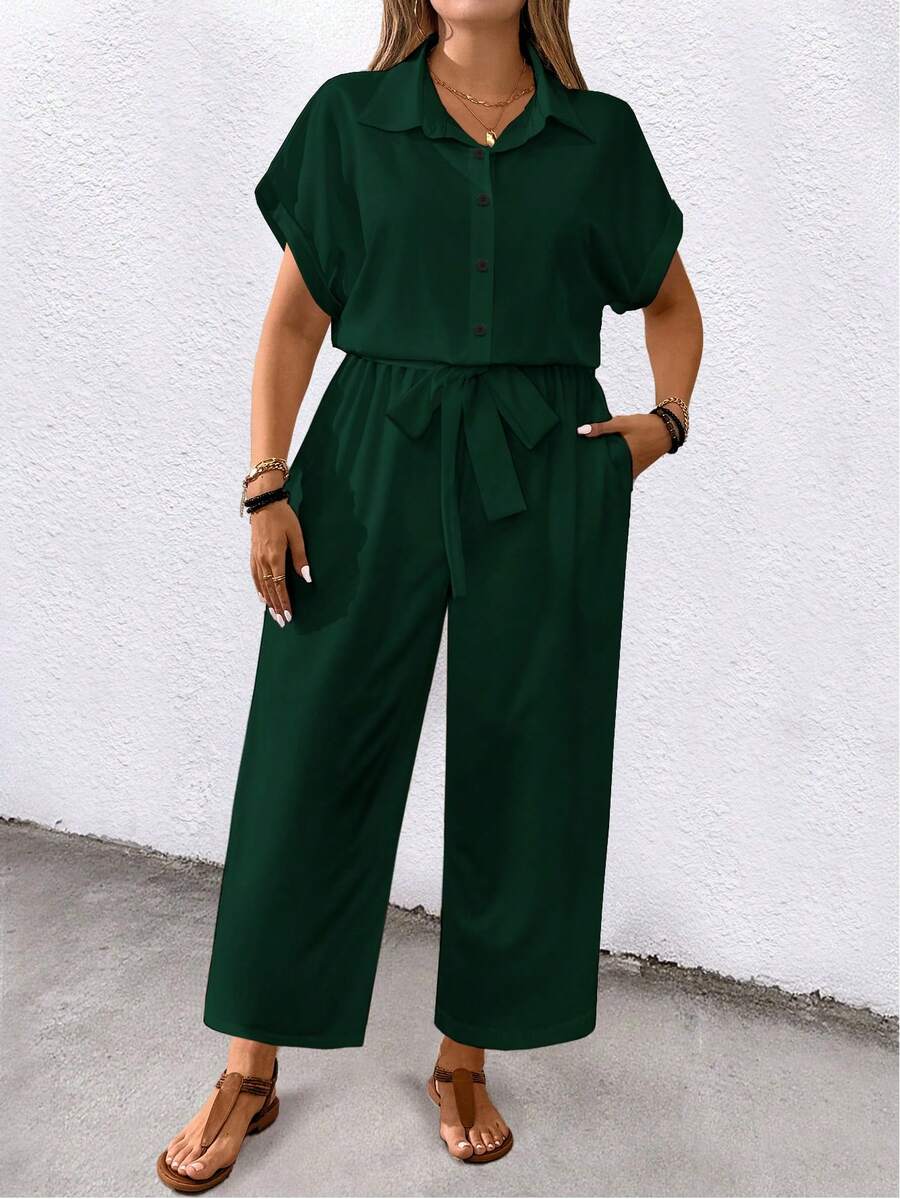 EMERY ROSE Women's Plus Size Solid Color Short Sleeve Lapel Belted Pockets Casual Jumpsuit Vacation Dark Green Summer - Green - View 1