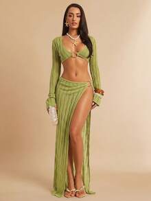 Silquee Women's Summer Beach Golf Holiday Conservative High-Slit Maxi Skirt, Loose-Fitting Tulle Cover-Up With Metallic Buttons, Solid Color Wear Girlisim - Green - View 4