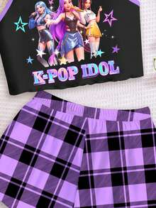 年轻女孩休闲简约卡通女孩肖像，魅力紫色撞色黑色，K-Pop 超级明星，卡通女孩组合印花图案，吊带背心和格子短裤家居服，适合夏季 - 彩色 - 查看 6