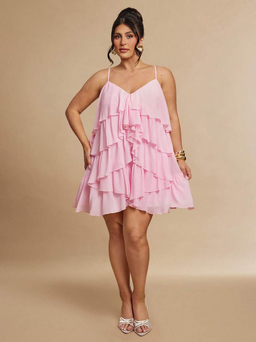 Gossip Girl X SHEIN SHEIN BAE CURVE 大码女式纯色荷叶边下摆优雅吊带连衣裙 - 彩色 - 查看 1