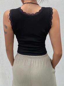 Dazy Star Lace Trim Button Front Tank Top Going Out Tops - Black - View 3