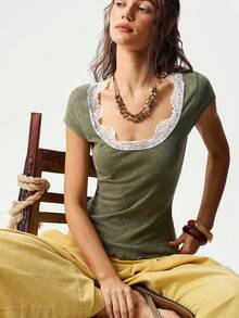 Bohemela Casual Solid Color Knit Contrast Lace Square Collar Short Sleeve Fitted Women T-Shirt,Summer Top - Army Green - View 6