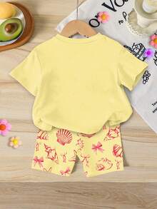 SHEIN 2pcs/Set Baby Girls' Pink And Yellow Summer Cute Vacation Holiday Outfit,Short Sleeve Sea Creature Shell Bow Print T-Shirt & Bike Shorts,Korean Style - Multicolor - View 2