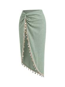 ROMWE Y2K Vacation Retro Style Shell Decor Twist Asymmetric Hem Wrap Women Skirt - Green - View 7