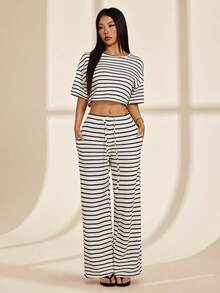 SHEIN PETITE Conjunto de 2 piezas de camiseta corta de rayas y pantalones casuales de verano para mujer - Albaricoque - Ver 8
