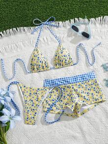 Swim Mod Bộ bikini 3 mảnh dễ thương dành cho nữ, thích hợp cho lễ hội âm nhạc bãi biển mùa xuân/hè, họa tiết hoa kẻ caro, buộc dây sau lưng. - Nhiều màu - Xem 6