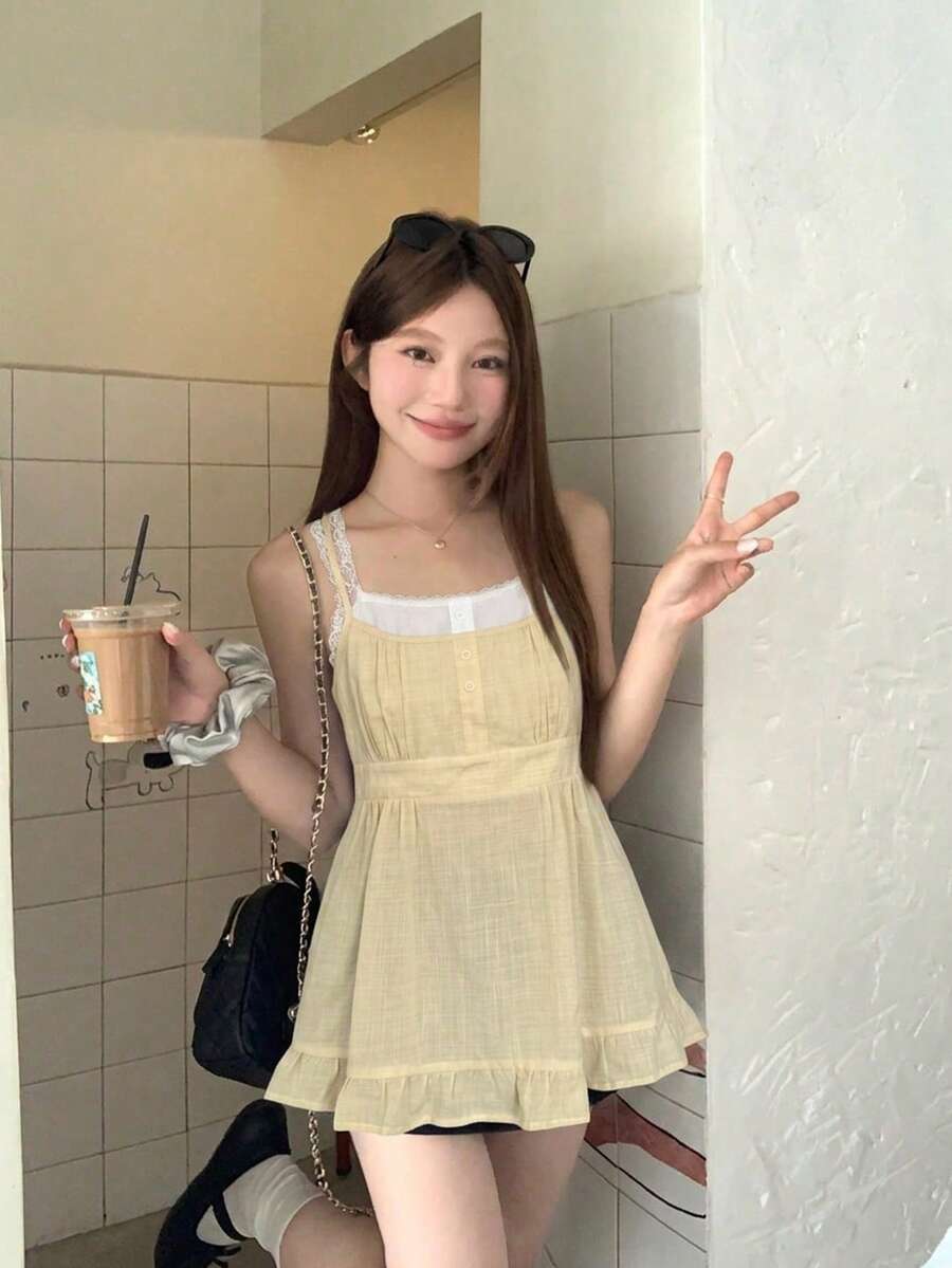DAZY 女士格子撞色夏季二合一蕾丝边吊带背心 - 黃色 - 查看 1