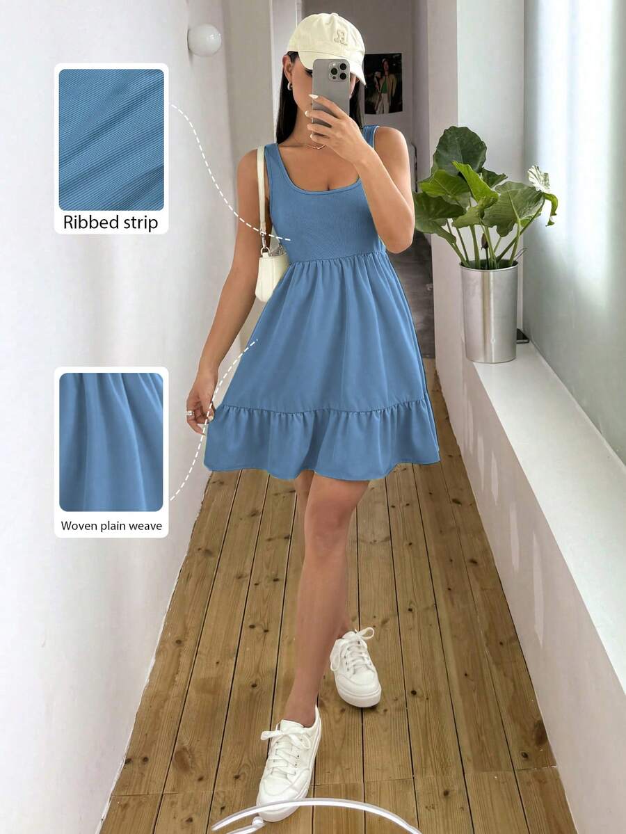 SHEIN Unity Vestido sin mangas de mujer con dobladillo de volantes, parches de color liso y textura acanalada - Azul - Ver 1