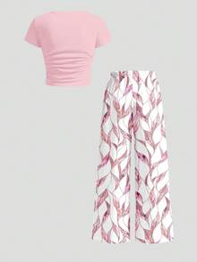 Tween Girl Ruched Fitted Short Sleeve T-Shirt & Geometric Print Pants 2-Piece Set, Casual Daily Fashion, Retro Color Blocking - White - View 7