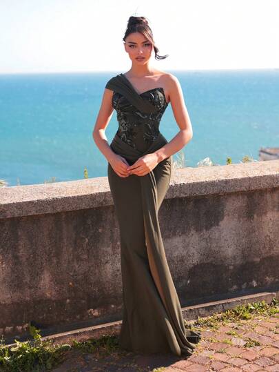 Aureia Elegant, Romantic, Fashionable, Dignified Green Elastic Fabric Beaded Embroidery Patchwork Bustier Mermaid Hem Formal Party Dress, Wedding Guest Dress, Bachelorette Party Dress, Formal Gala Dress