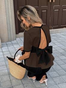 SHEIN PariChic Áo kiểu nữ màu trắng kem hở lưng thắt nơ, dáng ngắn với viền bèo nhún phối màu tương phản. - màu nâu - Xem 1