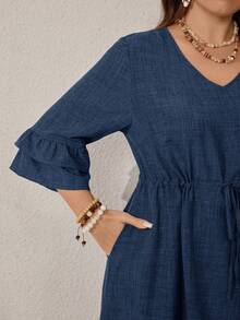 Miaspire Plus Size Women V-Neck Drawstring Waist Ruffle Hem Elegant Dress - Navy Blue - View 7