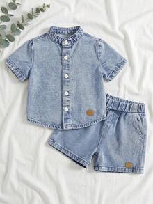 SHEIN 2pcs Baby Boy Denim Short Sleeve Shirt And Shorts Set - Light Wash - View 6
