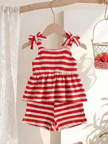 Playful Pals Babygirl Christmas Holiday Outfits Red And White Stripe Summer Cute Vacation 2pcs Suit,Knitted Jacquard Red Halter Top And Shorts For Party,Beach - Red and White - View 10