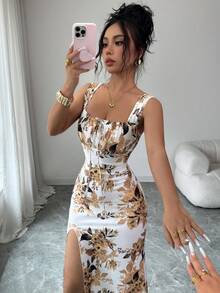 Franclia 欧美时尚方领设计系带腰身褶皱印花无袖修身性感开衩连衣裙，女士春夏连衣裙，无袖连衣裙，春季服装，夏季穿搭，度假，外出，Y2K风格，春季，夏季，返校，休闲，海滩，商务，百搭，性感，女士印花连衣裙 - 彩色 - 查看 3